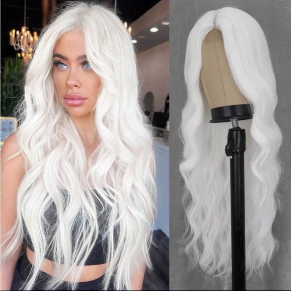 Long White Hair Wig For Women White Curly Wig With Middle Part White Cosplay 26”